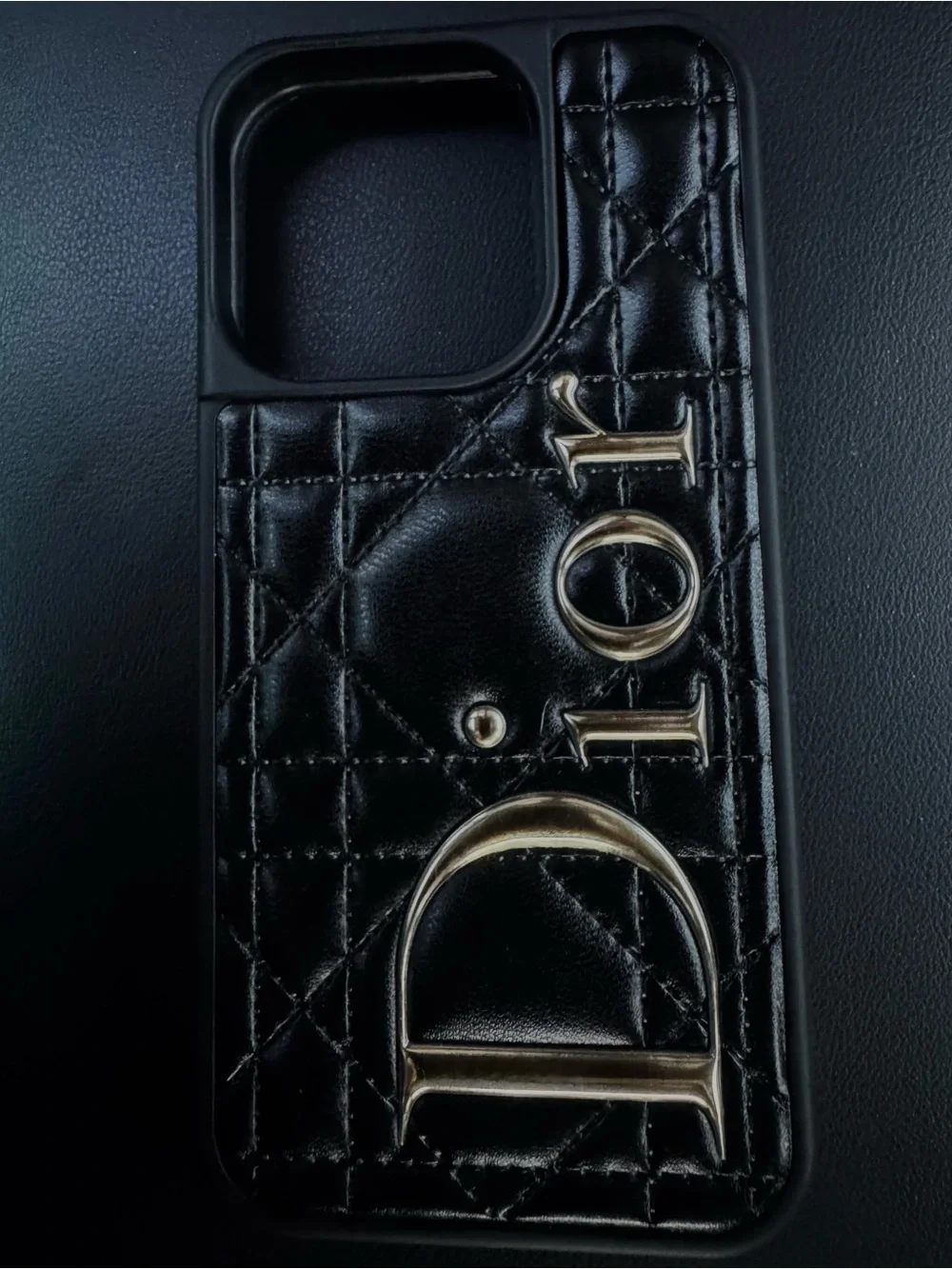 Black Quilted Leather iPhone Case with Silver Dior Letters. (message size)